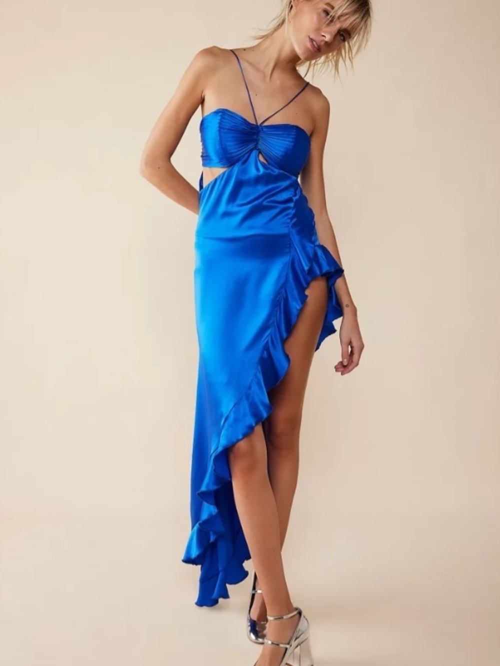 Electric Blue Satin High-Low Ruffle Evening Dress